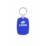 Breloc din plastic personalizat albastru cu inel metalic pentru chei, accesoriu promoțional rezistent cu logo printat color și design profesional pentru branding B2B