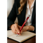 Pix metalic aluminiu personalizat Hello roșu utilizat pentru scrierea notițelor într-un context de birou, pix promoțional metalic cu logo pentru branding profesional și utilizare zilnică