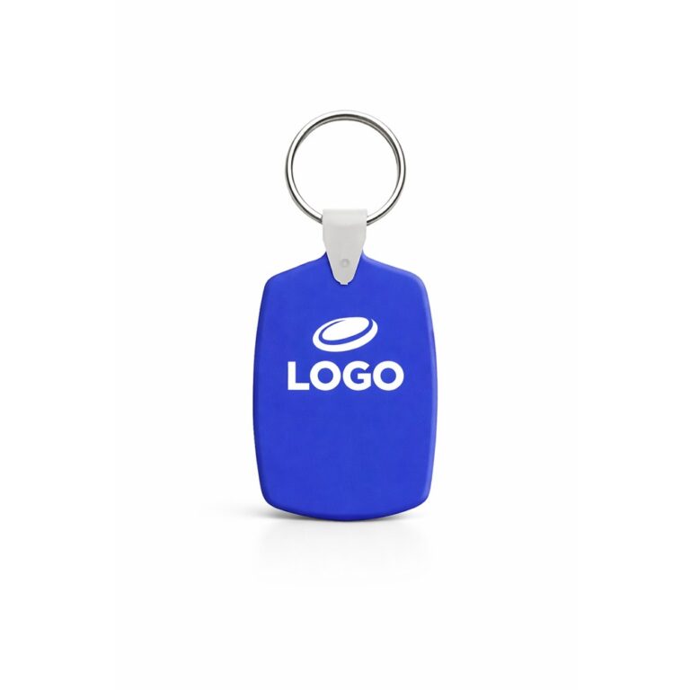 Breloc din plastic personalizat albastru cu inel metalic pentru chei, accesoriu promoțional rezistent cu logo printat color și design profesional pentru branding B2B