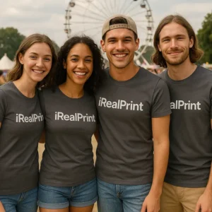 Grup de prieteni purtând tricouri damă personalizate gri metalic cu logo iRealPrint la un festival în aer liber, exemplu de utilizare lifestyle