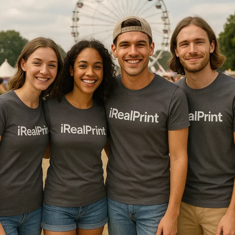 Grup de prieteni purtând tricouri damă personalizate gri metalic cu logo iRealPrint la un festival în aer liber, exemplu de utilizare lifestyle