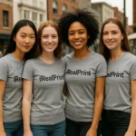 Grup de prietene purtând tricouri damă personalizate gri închis cu logo iRealPrint într-un context urban modern, exemplu de utilizare lifestyle