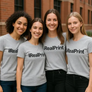 Grup de prietene purtând tricouri damă personalizate gri deschis cu logo iRealPrint într-un context urban casual, exemplu de utilizare lifestyle