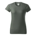 Tricou damă personalizat gri ardezie prezentat frontal pe fundal neutru pentru evidențierea croielii feminine și a suprafeței de personalizare