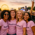Fotografie lifestyle cu grup de femei purtând tricouri damă personalizate roz orhidee la un eveniment sau festival, evidențiind utilizarea socială a produsului