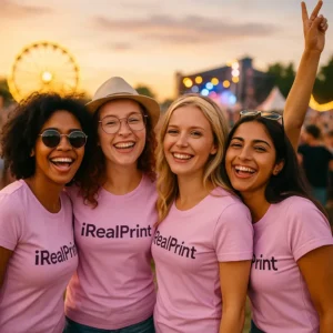 Fotografie lifestyle cu grup de femei purtând tricouri damă personalizate roz orhidee la un eveniment sau festival, evidențiind utilizarea socială a produsului