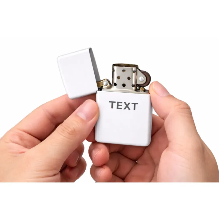 Brichetă tip Zippo personalizată cu text ținută în mână, mesaj gravat clar și elegant, cadou premium pentru el, aniversare sau ocazie specială.