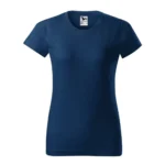 Tricou damă personalizat albastru nocturn prezentat frontal pe fundal neutru, croială feminină elegantă și suprafață ideală pentru personalizare logo sau design