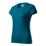 Tricou damă personalizat albastru petrol fotografiat din perspectivă laterală, evidențiind croiala feminină și suprafața ideală pentru personalizare