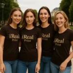 Detaliu personalizare logo iRealPrint aplicat prin transfer termic pe tricou damă personalizat cafea, imprimare clară cu contrast elegant