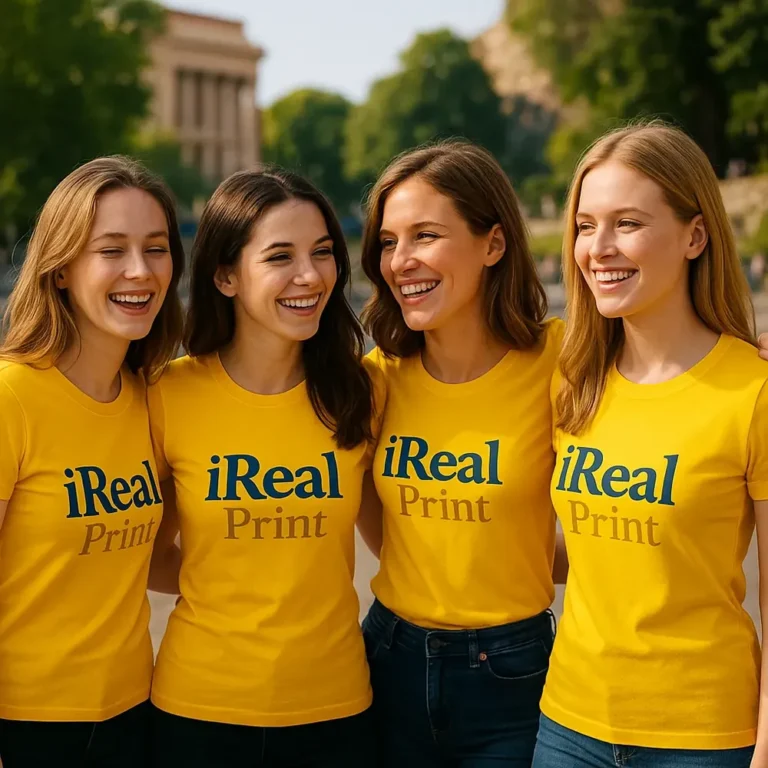 Grup de femei purtând tricouri damă personalizate galben într-un context urban, exemplu de utilizare pentru echipe sau branding vizibil