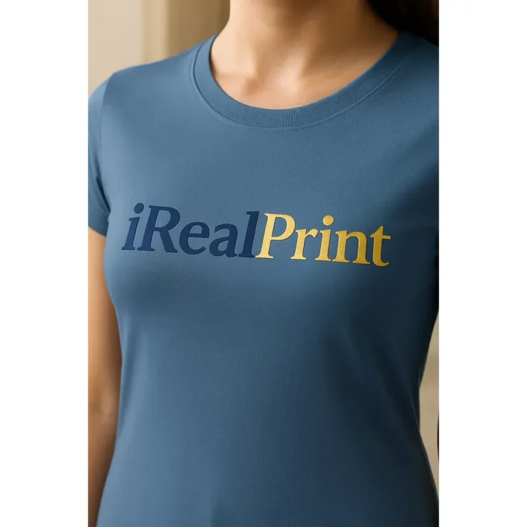 Detaliu personalizare logo iRealPrint aplicat prin transfer termic pe tricou damă personalizat denim, imprimare clară cu contrast puternic
