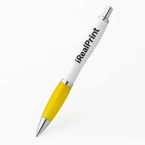 Pix plastic personalizat Elipse White galben prezentat pe fundal alb, produs promoțional vizibil pentru branding și personalizare cu logo