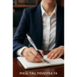 Pix plastic personalizat Elipse White albastru utilizat pentru scriere într-o agendă la birou, produs promoțional corporate pentru branding profesional