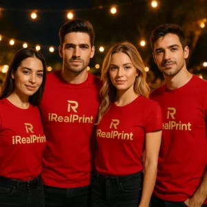 Grup de persoane purtând tricouri unisex personalizate roșii cu logo iRealPrint într-un cadru de eveniment, imagine de echipă pentru branding și promovare
