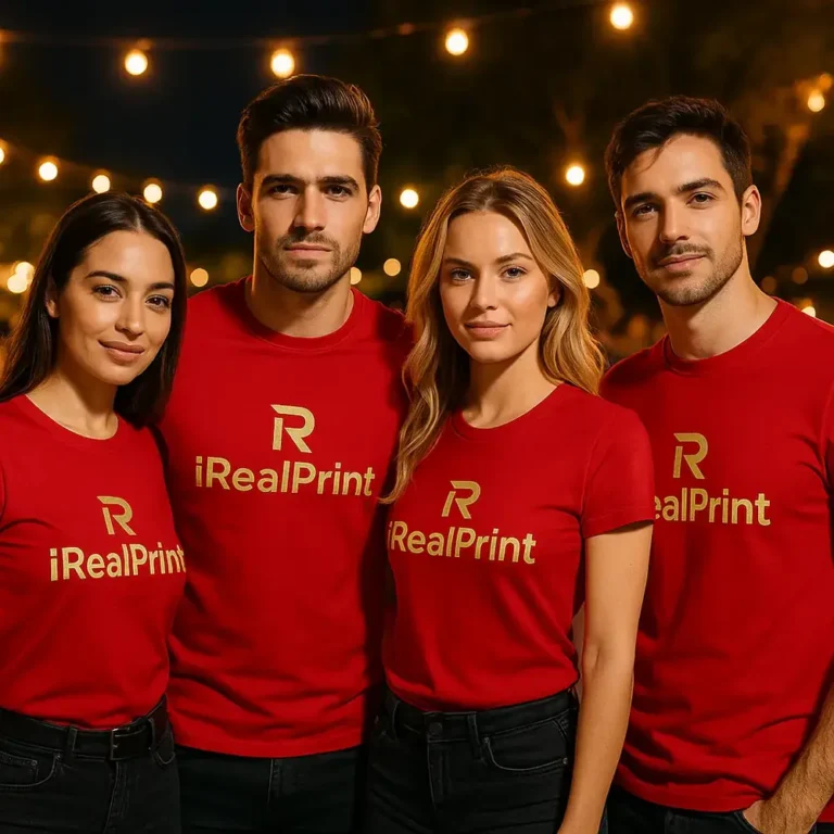 Grup de persoane purtând tricouri unisex personalizate roșii cu logo iRealPrint într-un cadru de eveniment, imagine de echipă pentru branding și promovare