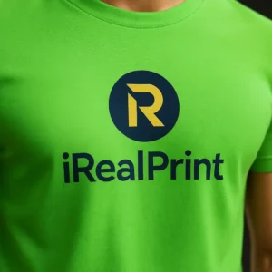 Tricou unisex personalizat verde măr cu logo iRealPrint aplicat prin transfer termic profesional, evidențiind contrastul puternic dintre fundalul vibrant și designul imprimat