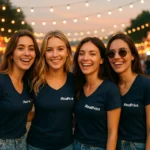 Grup de femei purtând tricouri damă albastru navy cu anchior în V personalizate la eveniment de seară, atmosferă socială vibrantă