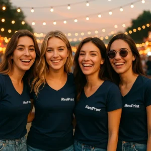 Grup de femei purtând tricouri damă albastru navy cu anchior în V personalizate la eveniment de seară, atmosferă socială vibrantă