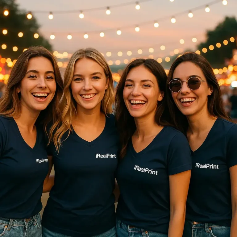 Grup de femei purtând tricouri damă albastru navy cu anchior în V personalizate la eveniment de seară, atmosferă socială vibrantă