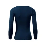 Vedere din spate a unei bluze damă personalizate albastru navy, croială feminină elegantă și material premium potrivit pentru branding vestimentar