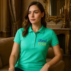 Model feminin purtând tricou polo damă personalizat verde mentă într-un interior elegant, ilustrând stilul modern și rafinat al produsului