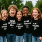 Grup de copii purtând bluze negre personalizate cu mesaje supererou și supereroina pentru energie și bucurie