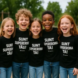 Grup de copii purtând bluze negre personalizate cu mesaje supererou și supereroina pentru energie și bucurie