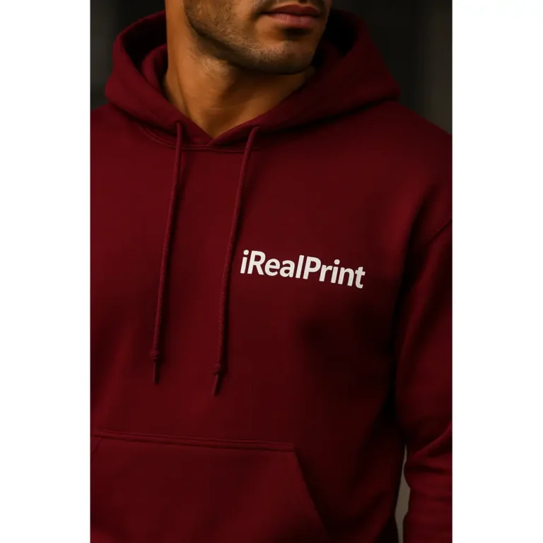 Prim-plan personalizare logo iRealPrint pe hanorac bărbați vișiniu Garnet, transfer termic clar pe material textil premium