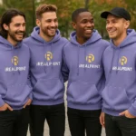 Grup de bărbați purtând hanorace personalizate violet iRealPrint într-un cadru urban, stil modern streetwear și identitate vizuală de echipă