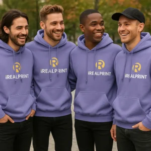 Grup de bărbați purtând hanorace personalizate violet iRealPrint într-un cadru urban, stil modern streetwear și identitate vizuală de echipă