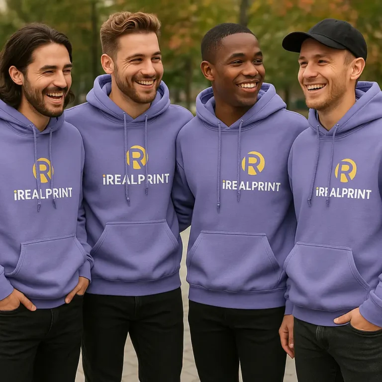 Grup de bărbați purtând hanorace personalizate violet iRealPrint într-un cadru urban, stil modern streetwear și identitate vizuală de echipă
