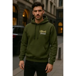 Bărbat purtând hanorac personalizat verde militar iRealPrint într-un cadru urban elegant, stil masculin modern și look streetwear rafinat