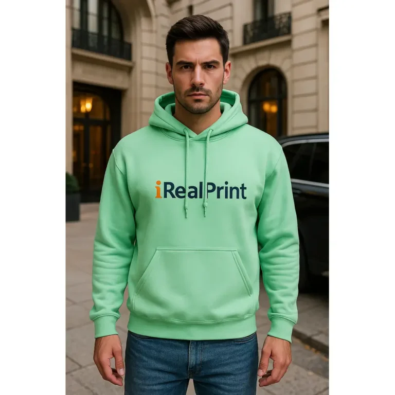 Detaliu logo iRealPrint aplicat pe hanorac bărbați verde mentă, material textil premium și contrast vizual clar pe fundal luminos