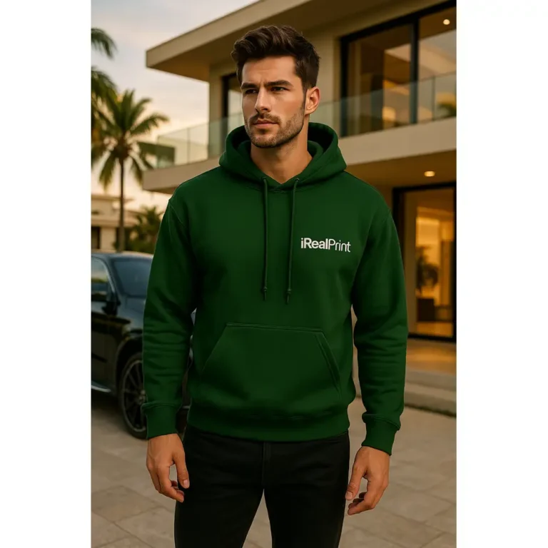 Bărbat purtând hanorac personalizat verde forest iRealPrint într-un cadru urban modern, stil casual masculin și prezentare lifestyle premium
