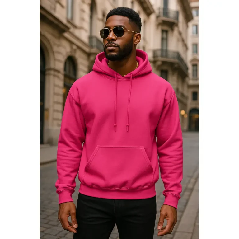 Hanorac personalizat bărbați roz heliconia prezentat frontal, model modern cu glugă și buzunar kangaroo, ideal pentru personalizare cu logo sau design grafic