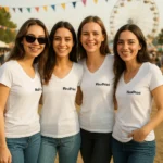 Grup de prietene purtând tricouri damă cu anchior în V personalizate alb cu logo iRealPrint într-un festival în aer liber, exemplu de utilizare lifestyle