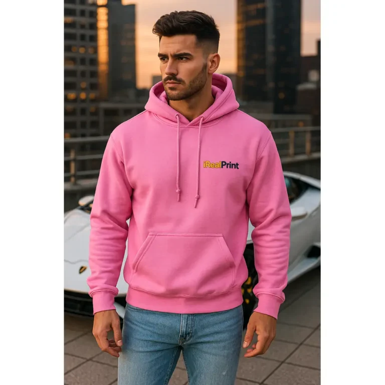 Model masculin purtând hanorac personalizat bărbați roz azalea iRealPrint într-un cadru urban modern, evidențiind stilul streetwear și croiala confortabilă a hanoracului