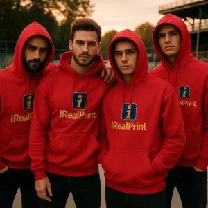 Grup de bărbați purtând hanorace roșii personalizate iRealPrint într-un cadru urban casual, ilustrând stil streetwear modern și identitate vizuală de echipă