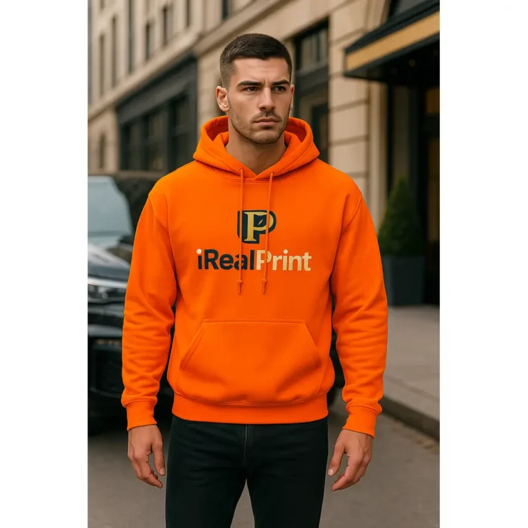 Grup de bărbați purtând hanorace portocalii personalizate iRealPrint într-un cadru urban casual, evidențiind stilul modern și identitatea vizuală de echipă