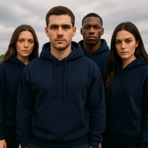Grup de modele purtând hanorace personalizate bărbați navy într-un cadru minimalist, evidențiind stilul modern și uniformitatea echipei