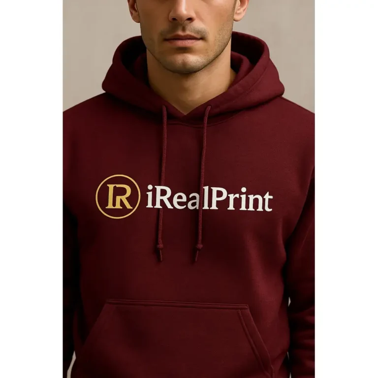 Hanorac personalizat bărbați maroon bordo cu logo iRealPrint imprimat prin transfer termic premium, hanorac modern streetwear pentru branding vizibil și stil masculin elegant