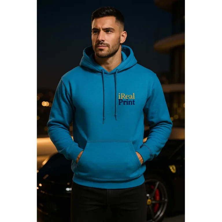 Hanorac bărbați personalizat albastru sapphire din bumbac premium cu glugă reglabilă și buzunar frontal, hanorac modern iRealPrint pentru stil urban masculin și confort zilnic