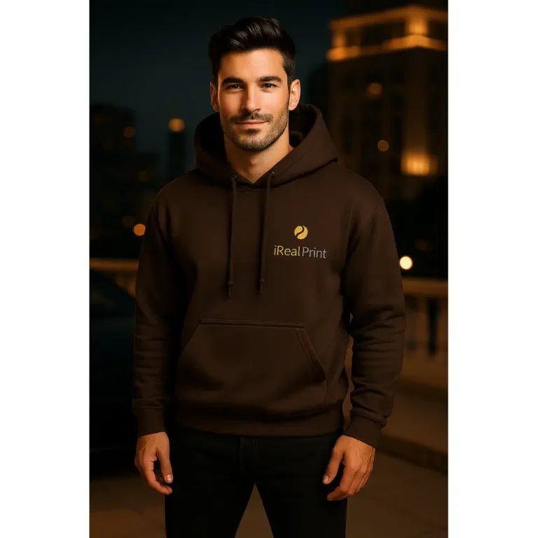 Hanorac bărbați personalizat ciocolată dark din bumbac premium cu glugă reglabilă și buzunar frontal, hanorac modern iRealPrint pentru stil urban elegant și confort zilnic