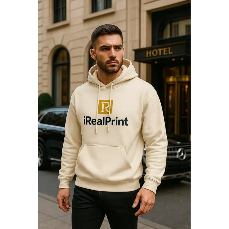 Hanorac bărbați personalizat crem nisip din bumbac premium cu glugă reglabilă și buzunar frontal, purtat într-un outfit urban elegant care evidențiază stilul masculin modern și personalizarea iRealPrint