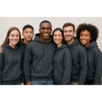 Grup de persoane purtând hanorace bărbați dark heather pentru identitate vizuală de echipă, branding modern și uniforme personalizate potrivite pentru evenimente, companii sau comunități