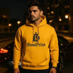 Hanorac bărbați personalizat gold din bumbac premium cu glugă reglabilă și buzunar frontal, purtat într-un outfit urban modern care evidențiază culoarea aurie intensă și stilul masculin elegant iRealPrint