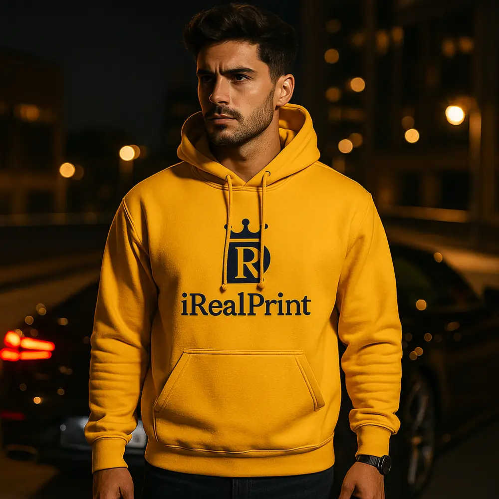 hanorac-barbati-personalizat-gold-bumbac-premium-gluga-buzunar-irealprint-stil-urban-elegant Hanorac bărbați personalizat gold din bumbac premium cu glugă reglabilă și buzunar frontal, purtat într-un outfit urban modern care evidențiază culoarea aurie intensă și stilul masculin elegant iRealPrint