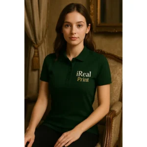 Model feminin purtând tricou polo damă personalizat verde dark într-un interior elegant, ilustrând stilul profesional și rafinat al produsului