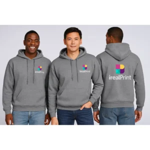 Hanorac bărbați personalizat graphite din bumbac premium cu glugă reglabilă și buzunar frontal tip kangaroo, design modern iRealPrint pentru branding profesional, confort zilnic și stil urban masculin contemporan
